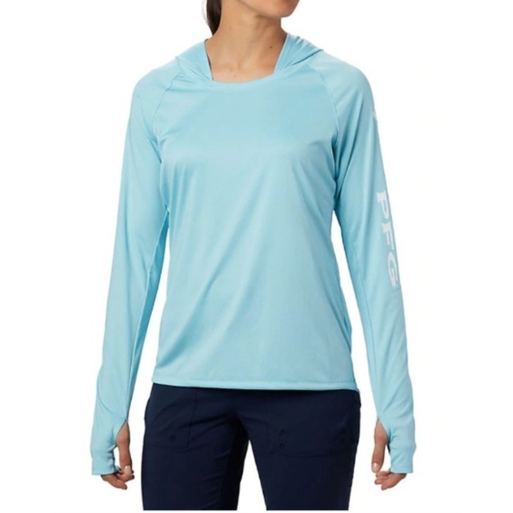 Columbia PFG Hoodie II Aqua Blue Long Sleeve Sun Shirt Womens M Preppy Active